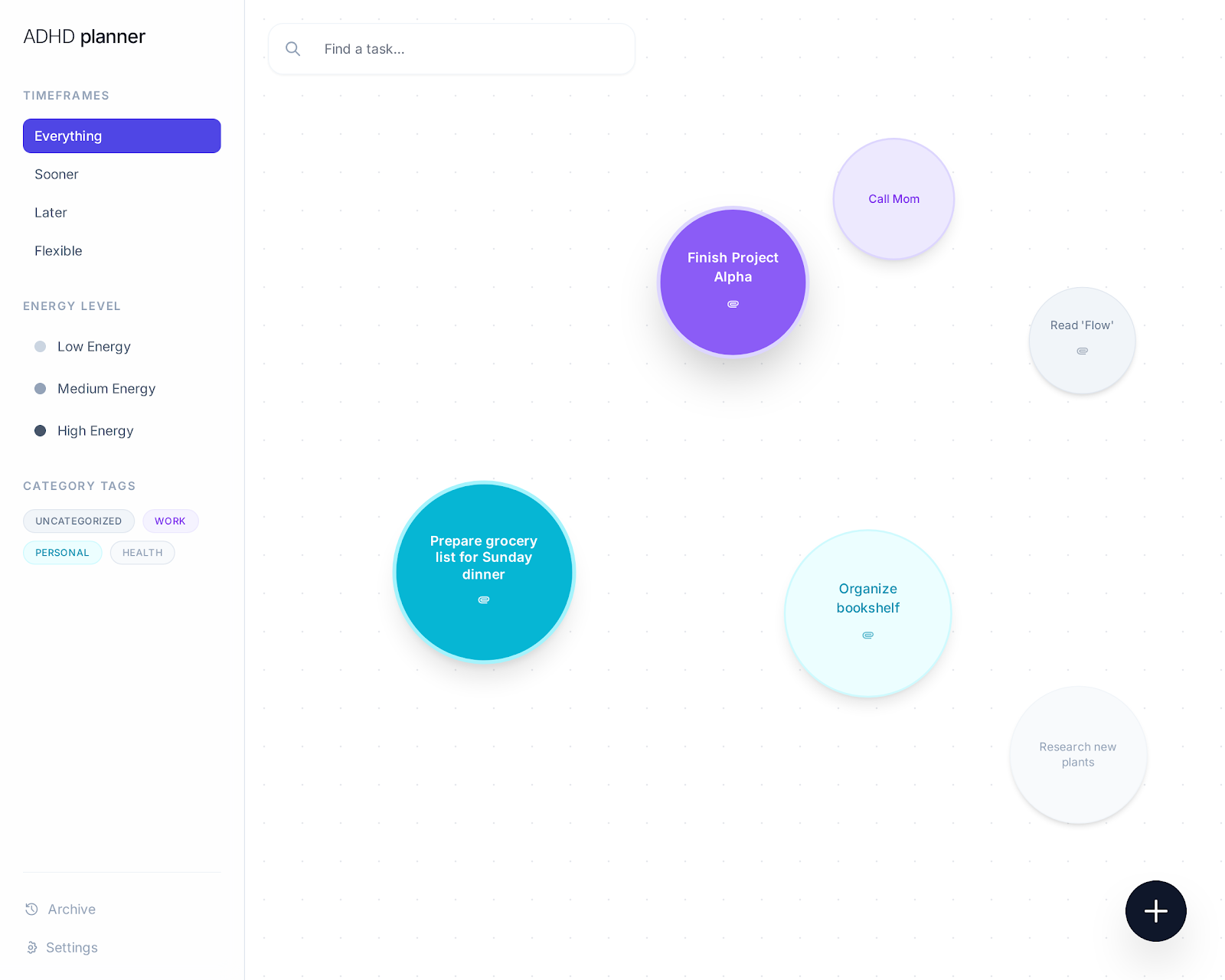 Task bubbles and focus timer